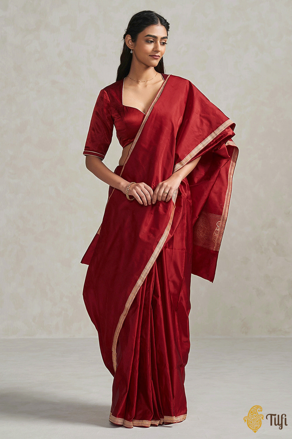 Deep Red Pure Tussar Georgette Silk Banarasi Handloom Saree - Tilfi